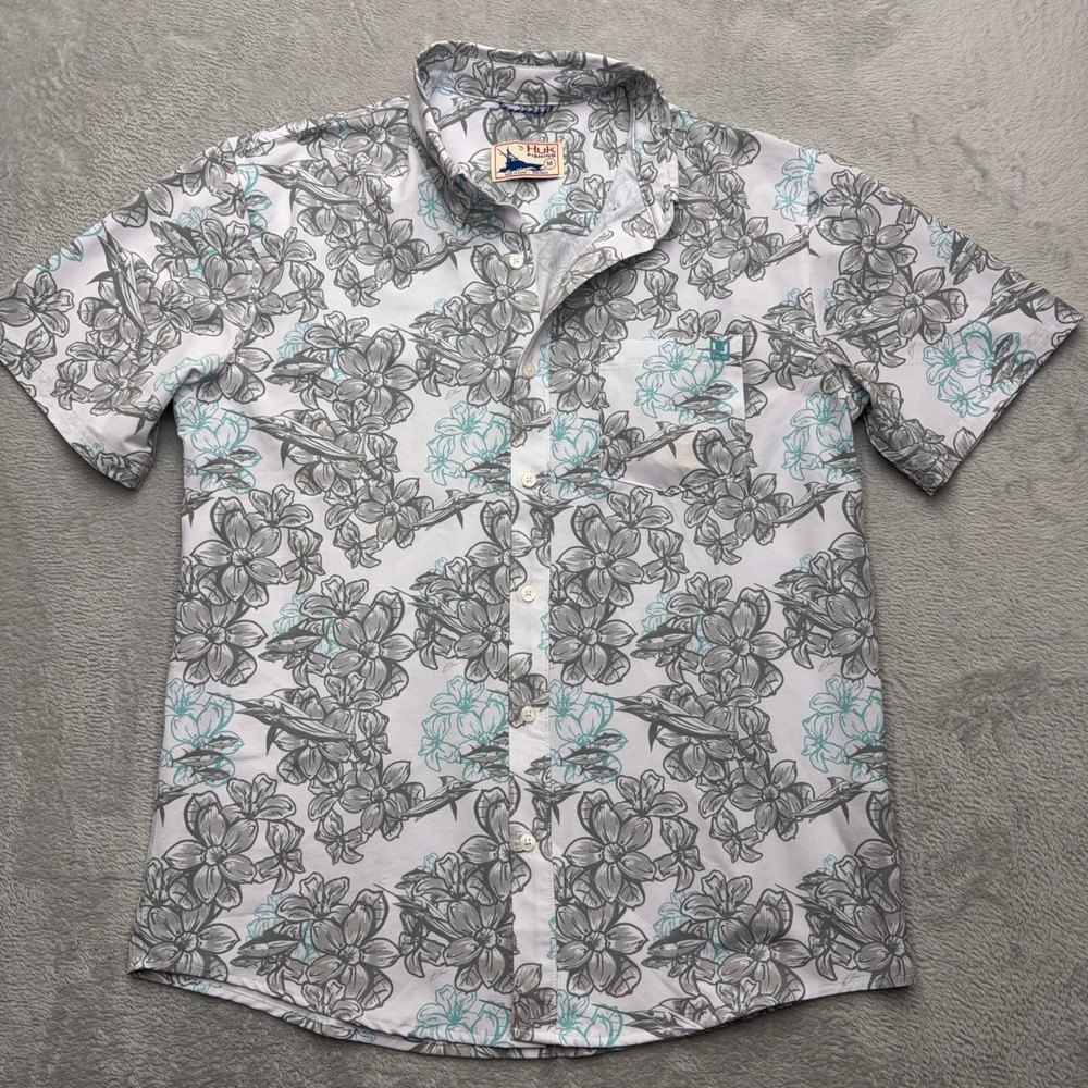 Huk Fishing Shirt Mens Medium White Floral Marlin Tuna Short Sleeve Button Down